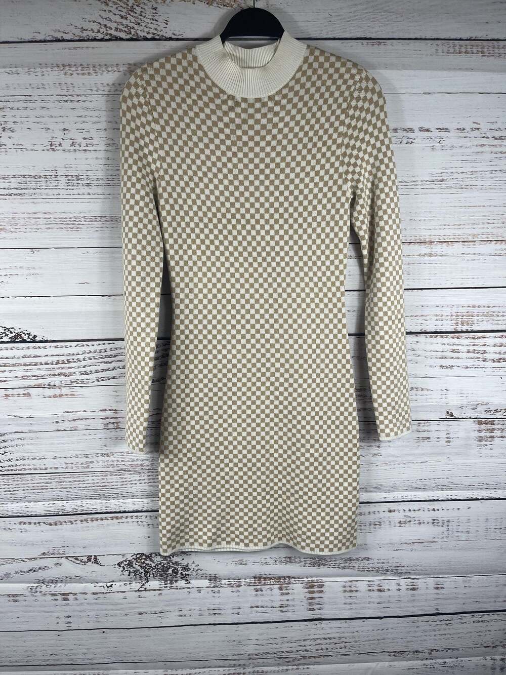 Abercrombie & Fitch Dress Women's Small Beige Check Mock Neck Sweater Bodycon